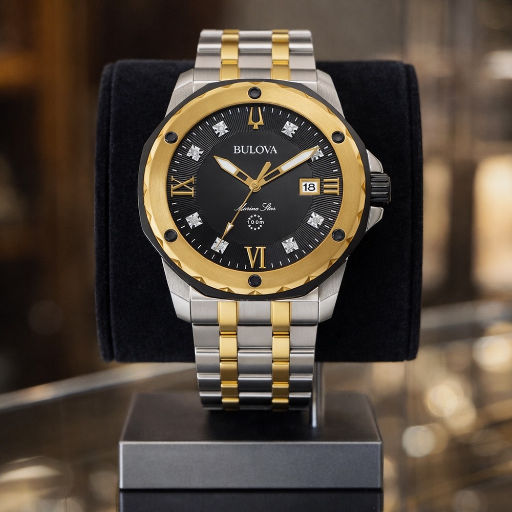 Bulova Men's Marine Two-Tone Stainless Steel Watch black Dial 98D175